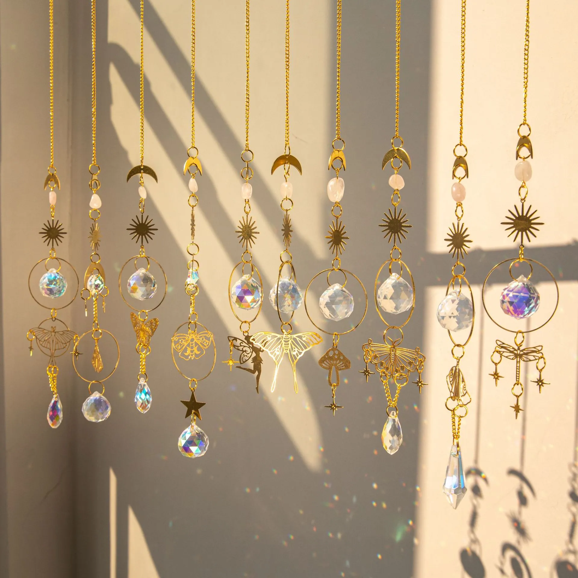 Crystal Suncatcher Hanging Ornament Brass Moon Star Butterfly Prism Rainbow Maker For Window Home Garden Decor