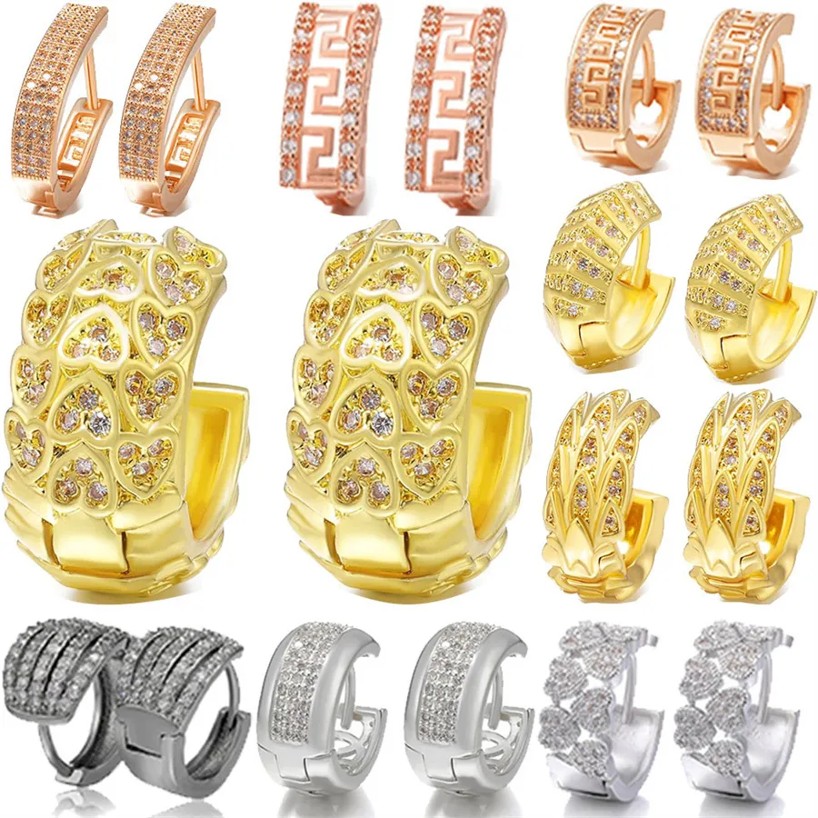 Huggie Hoop Earrings Copper Zirconia Micro Pave Geometric Heart Greek Key Fashion Jewelry For Women