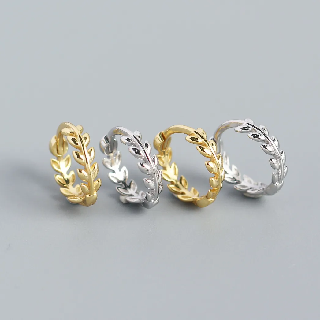 Leaf Pattern Huggie Hoop Earrings 925 Sterling Silver Minimalist Natural Style For Women