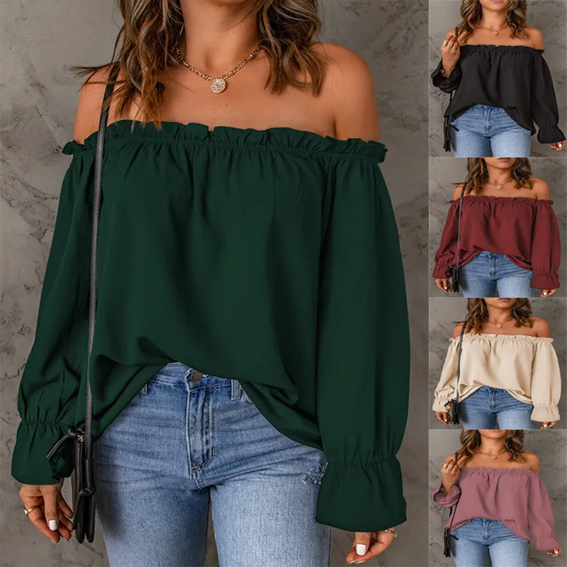 Blouse Femme Épaules Dénudées Manches Longues Poignets À Volants Couleur Unie Haut En Mousseline Élégant