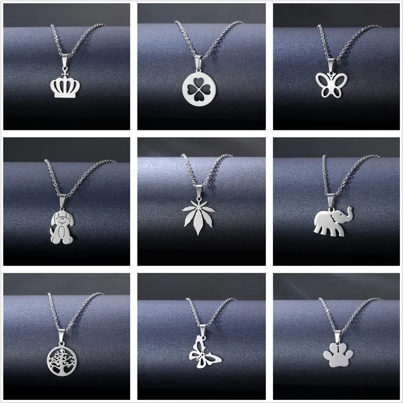 Stainless Steel Pendant Necklace Hollow Out Heart Butterfly Animal Cross Jewelry Gift For Women Girls Polished Silver Tone