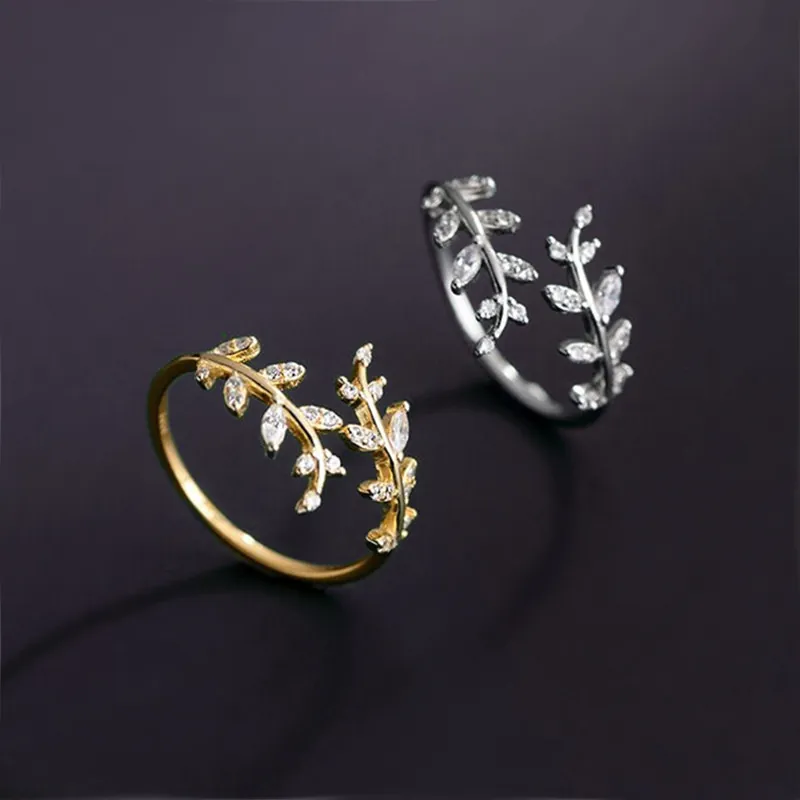 Anello Aperτο A Ramo Di Foglia In Argento Sterling 925 Regolabile Zirconia Cubica Stile Natura Per Donne