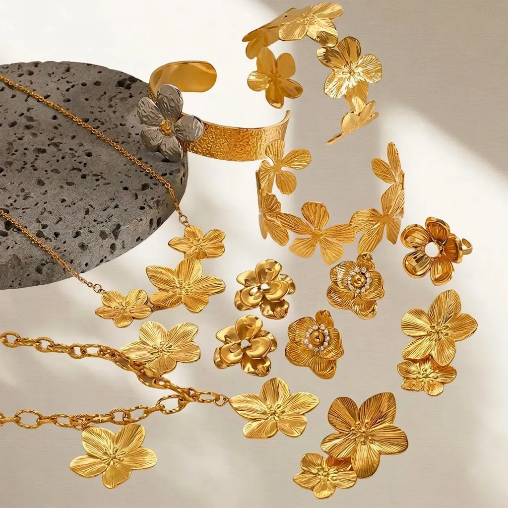 Floral Stainless Steel Jewelry Gold Plated Waterproof Flower Necklace Earrings Bracelet Ring For Women Elegant Hypoallergenic
