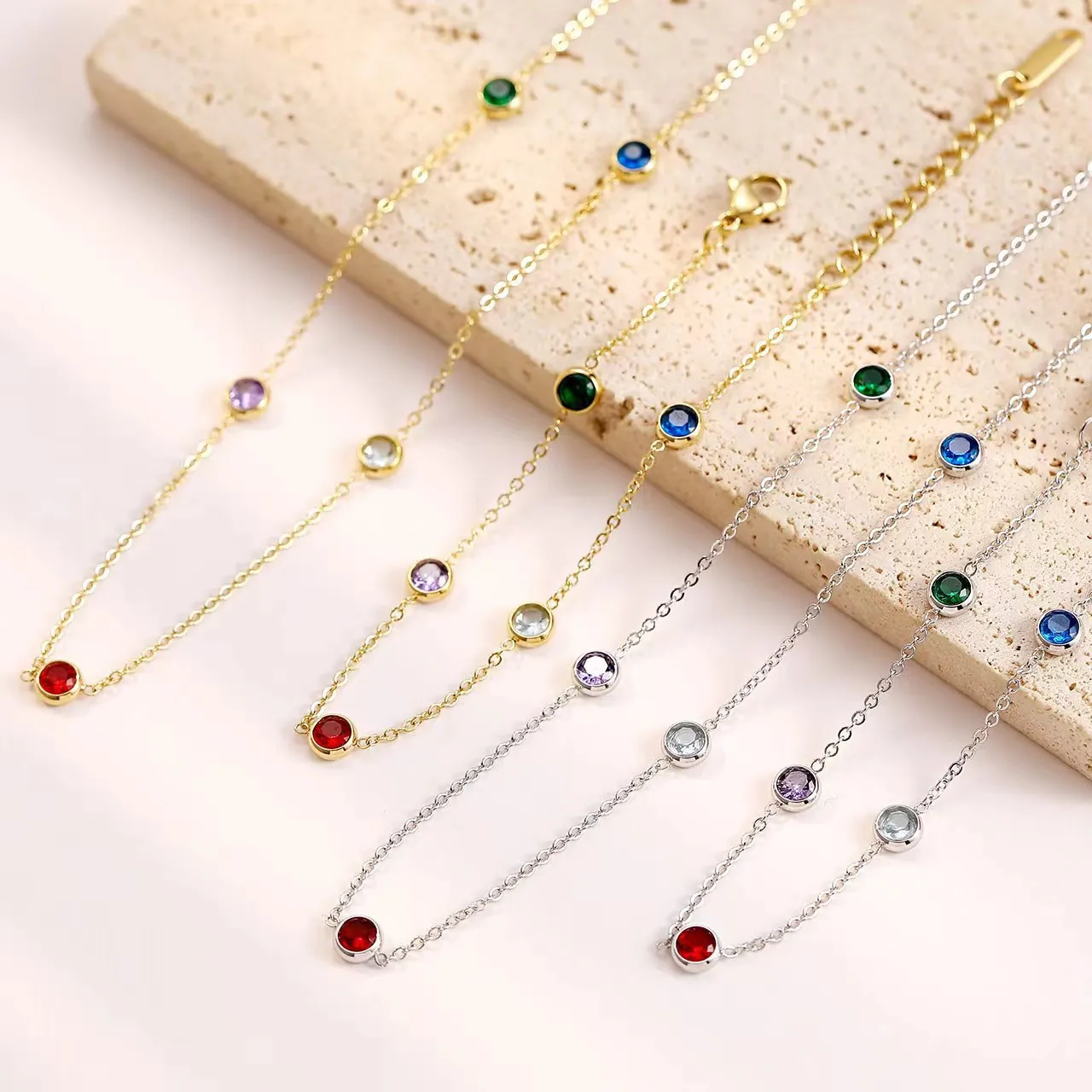 Luxury Gold Silver Plated Copper Multi Color Rhinestone Round Geometric Link Chain Necklace Bracelet Jewelry For Women