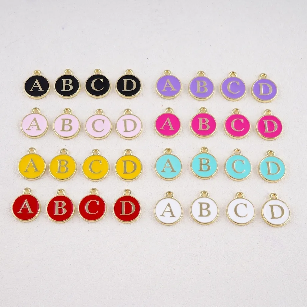 Round English Alphabet Letter Charms Alloy Enamel Drip Oil Pendants For DIY Jewelry Bracelet Necklace Making Double Sided