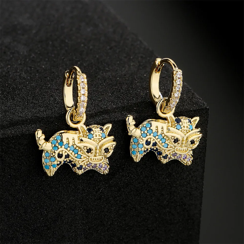 Orecchini A Cerchio Con Animali Mitici In Rame Placcato Oro 18K Zircone Colorato Micro Pavè Gioielli Cinesi Pixiu Per Donne