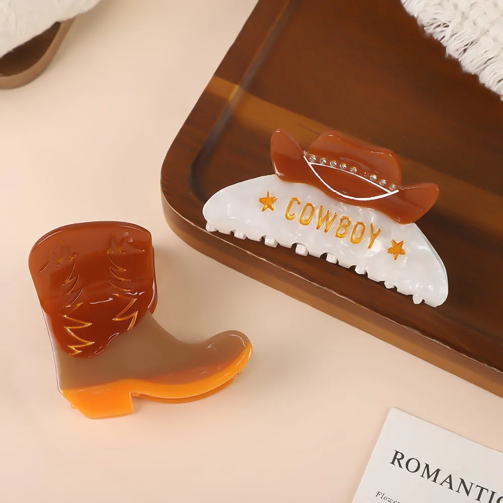 Cowboy Hat And Boot Shaped Acetate Hair Claw Clip With Rhinestone Star Decor Western Style Hair Accessory