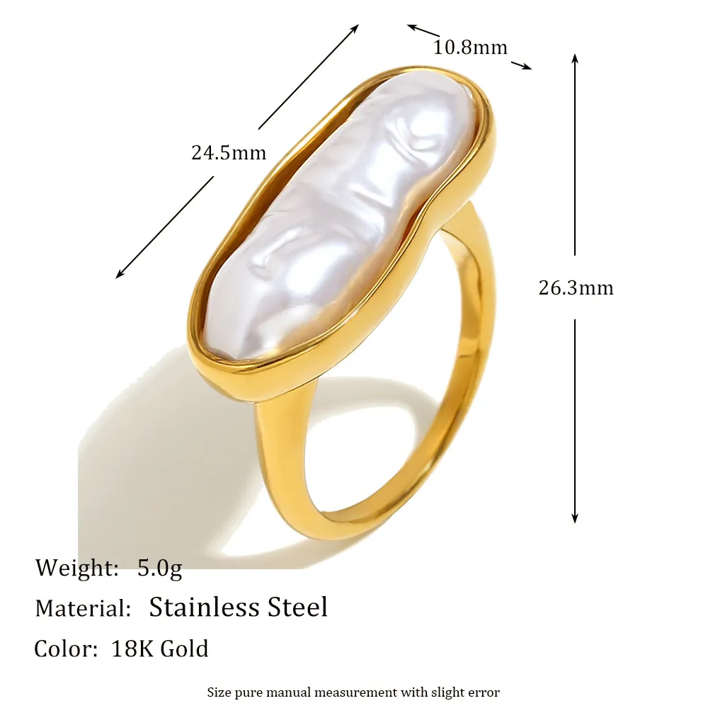 Künstliche Barockperlenring Edelstahl 18K Vergoldet Unregelmäßige Lange Bar Retro Eleganter Modeschmuck Für Frauen