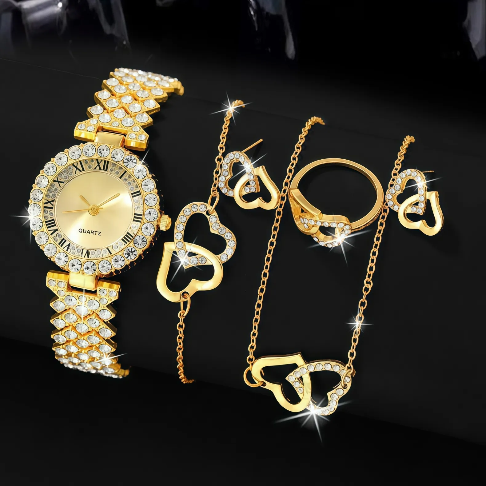 Women Fashion Quartz Watch Necklace Earrings Ring Heart Shape Rhinestone Alloy Elegant Jewelry Gift For Her