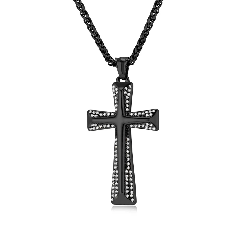 Collier Pendentif Croix Hip Hop en Acier Inoxydable Strass Complet Or Argent Noir Bijoux pour Hommes Femmes