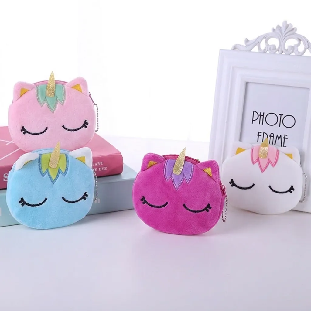 Unicorn Plush Coin Purse Mini Embroidered Zipper Wallet For Girls With Sequins Horn And Bead Chain Portable Bag