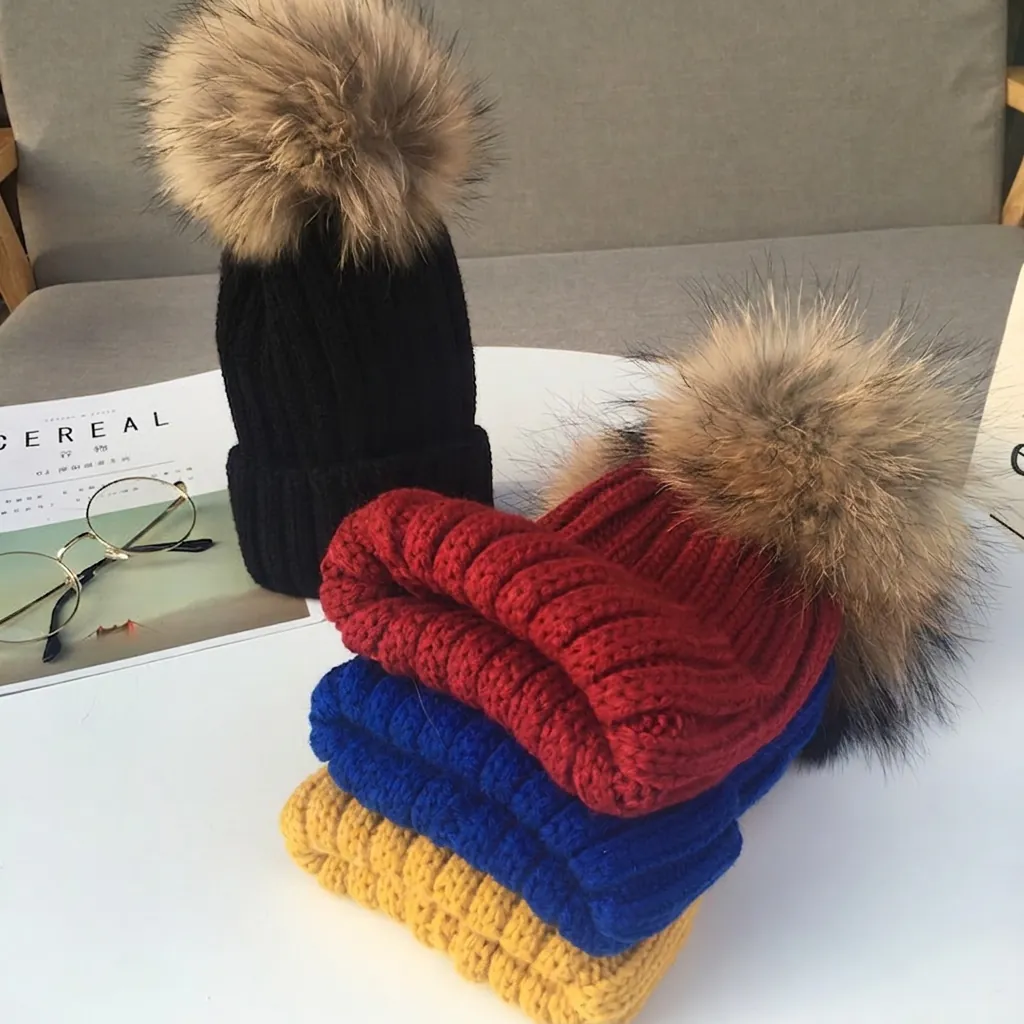 Winter Strickmütze Beanie Mit Abnehmbarem Großem Kunstpelz Bommel Dicke Warme Gerippte Mütze Für Damen Kinder