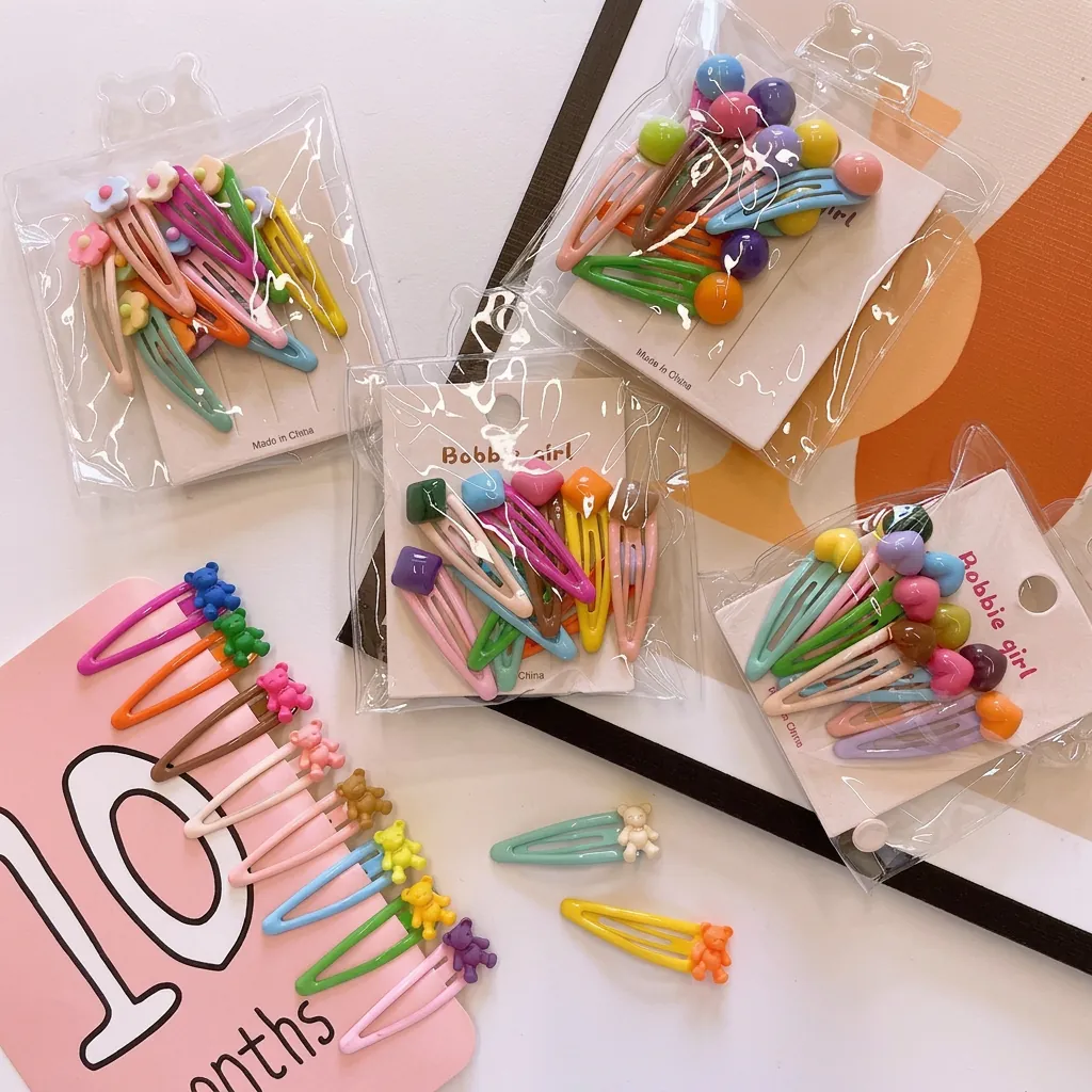 Korean Style Colorful Hair Clips With Resin Bear Heart Decor Alloy BB Snap Barrettes For Kids Girls Macaron Colors