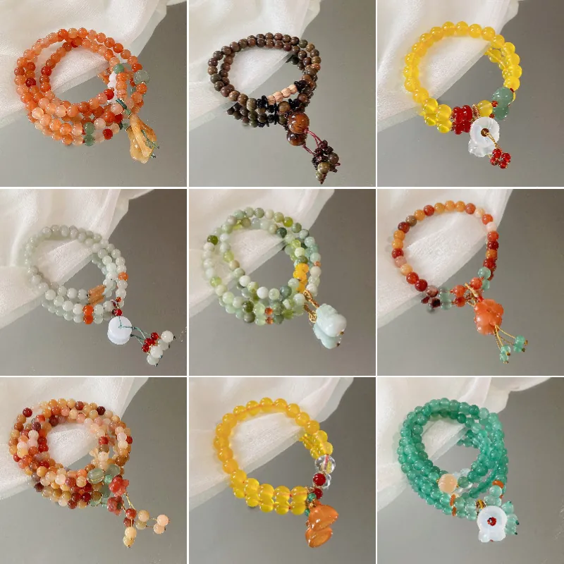 Achat Jaspis Mehrlagiges Perlenarmband Blumen Quaste Flaschenkürbis Anhänger Neuer Chinesischer Stil Retro Ethno Schmuck Damen