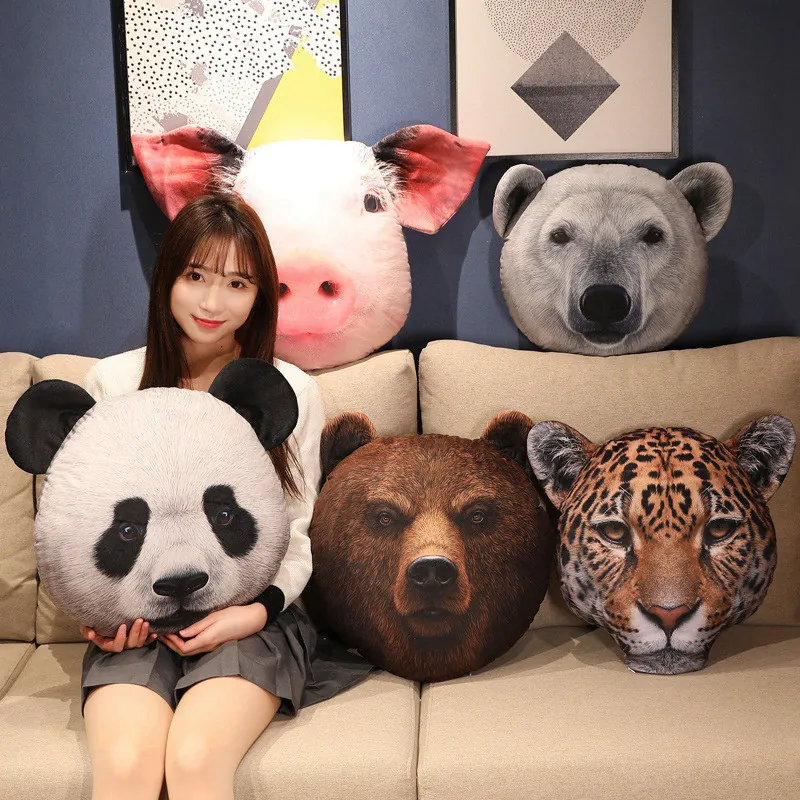 Realistic Animal Head Plush Pillow Soft Digital Print Panda Bear Leopard Decorative Cushion For Sofa Home Decor