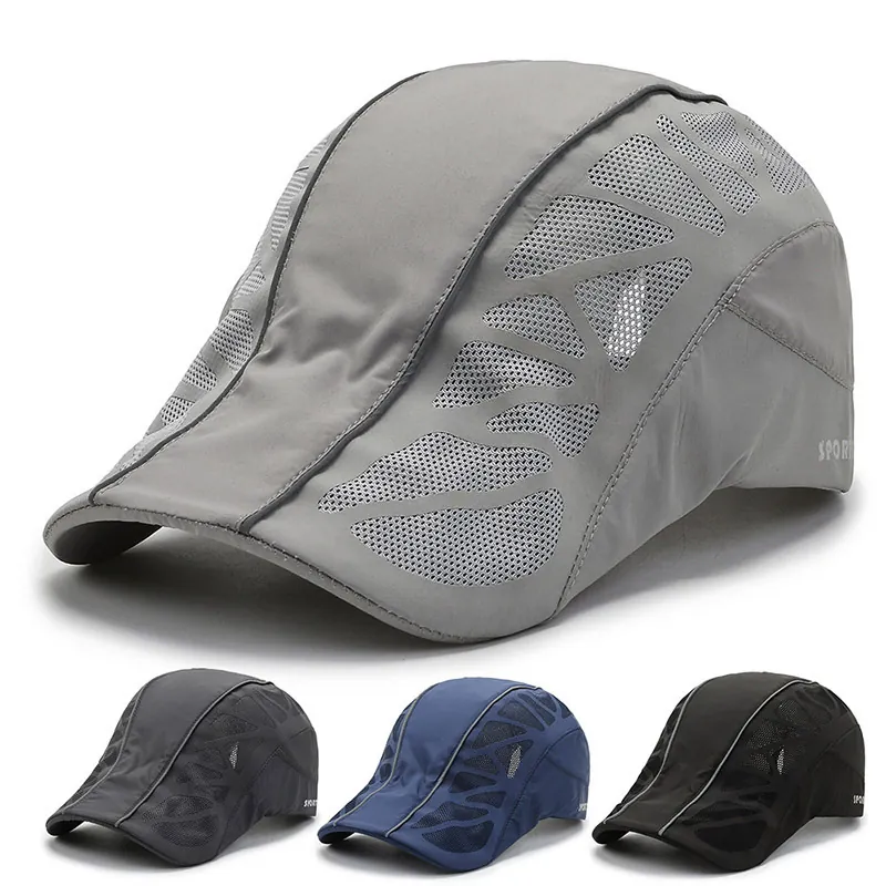 Men's Quick-Dry Breathable Mesh Beret Flat Cap Outdoor Sunshade Reflective Sport Hat Adjustable