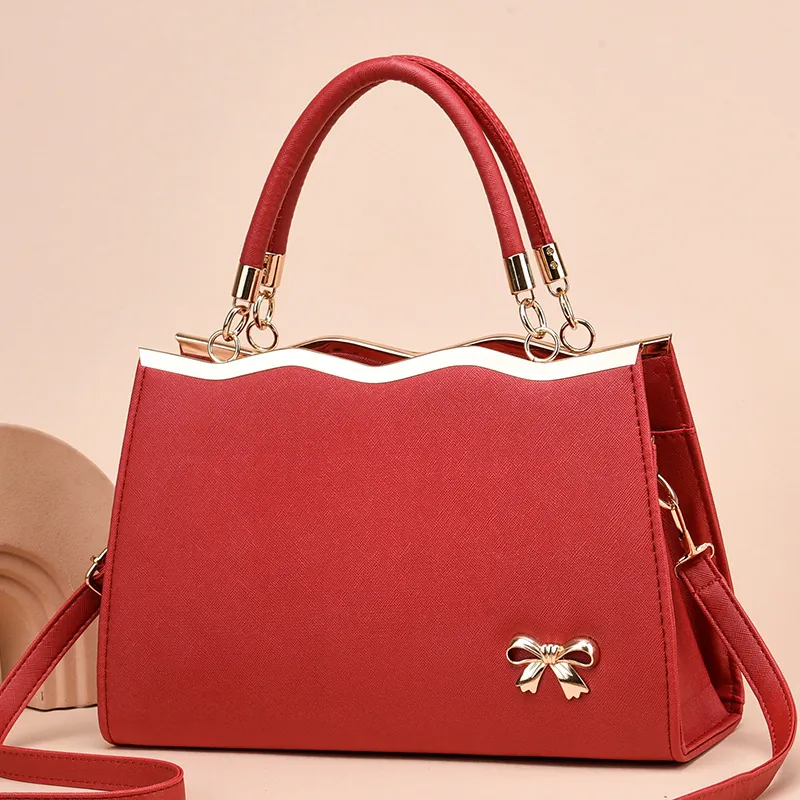 Fashion Bow PU Leather Handbag Elegant Wave Edge Shoulder Crossbody Bag Large Capacity For Women