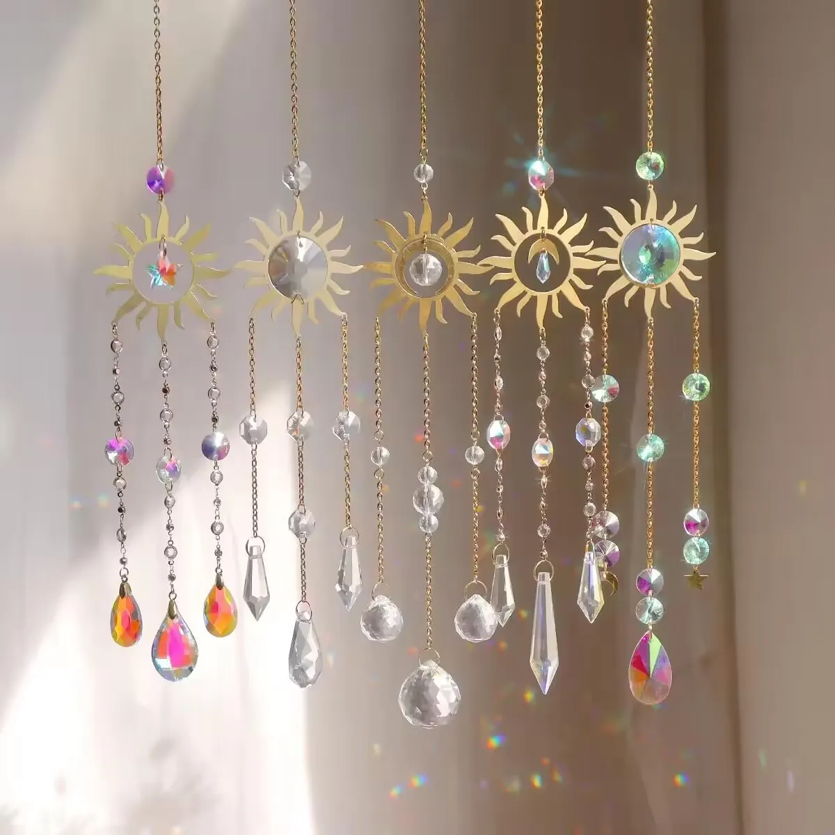 Sun Moon Star Crystal Suncatcher Wind Chime Hanging Pendant Golden Alloy Rainbow Maker Prism Window Decor Bohemian