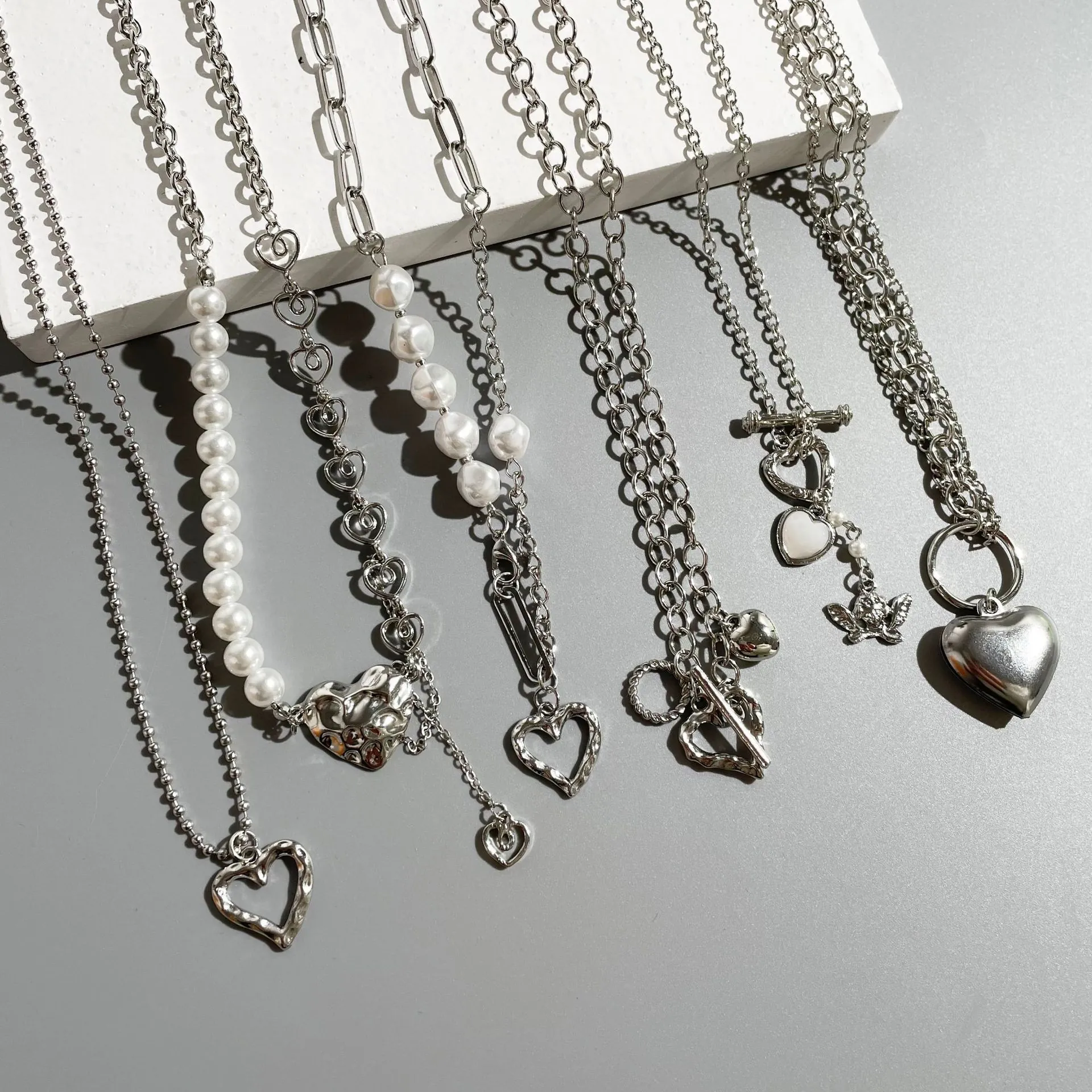 Fashion Heart Butterfly Pendant Necklace Alloy Imitation Artificial Pearl Layered Toggle Clasp Jewelry Women