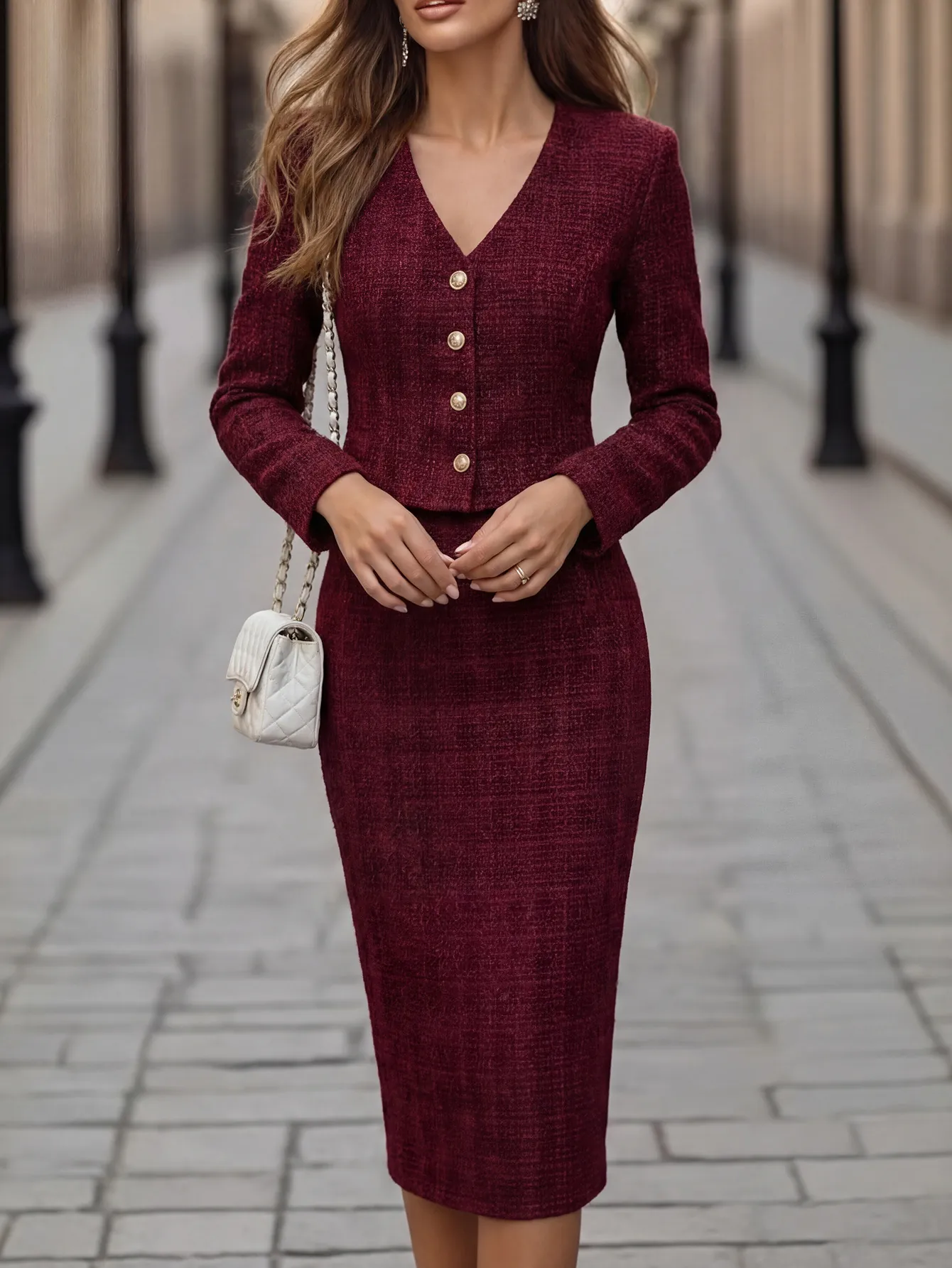 Elegant Burgundy Tweed V-Neck Long Sleeve Jacket And High Waist Midi Pencil Skirt Slim Fit Office Lady Professional Suit