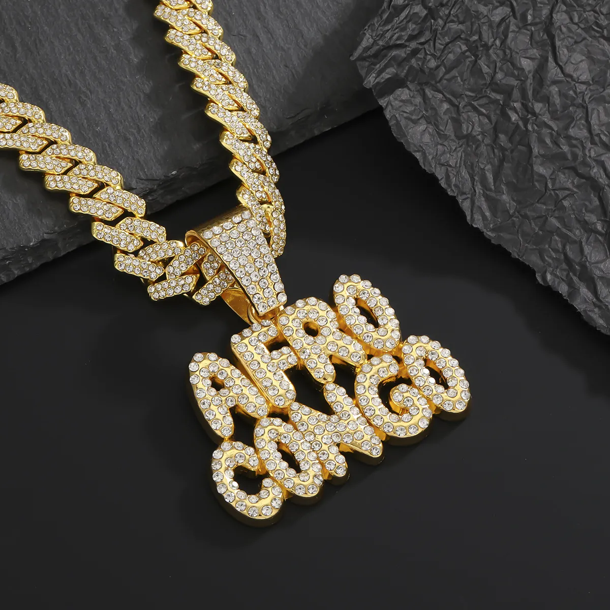 Collana Hip Hop Uomo Pendente Lettera Lega Zinco Strass Catena Cubana Gioielli Streetwear