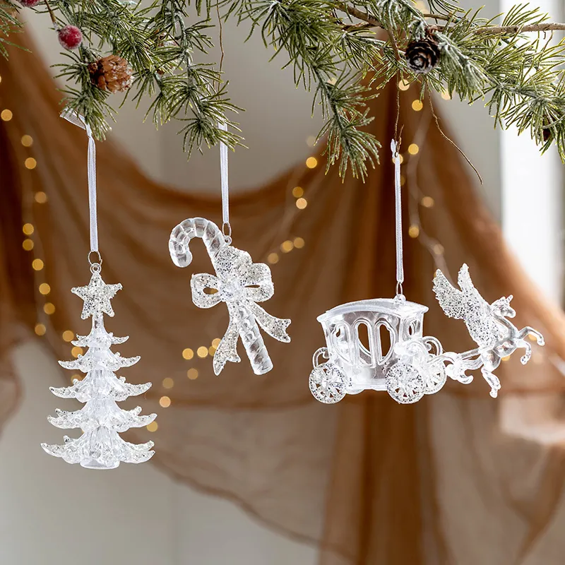 Transparent Acrylic Christmas Hanging Ornaments With Silver Glitter Snowflake Elk Angel Pendants For Tree Holiday Decor
