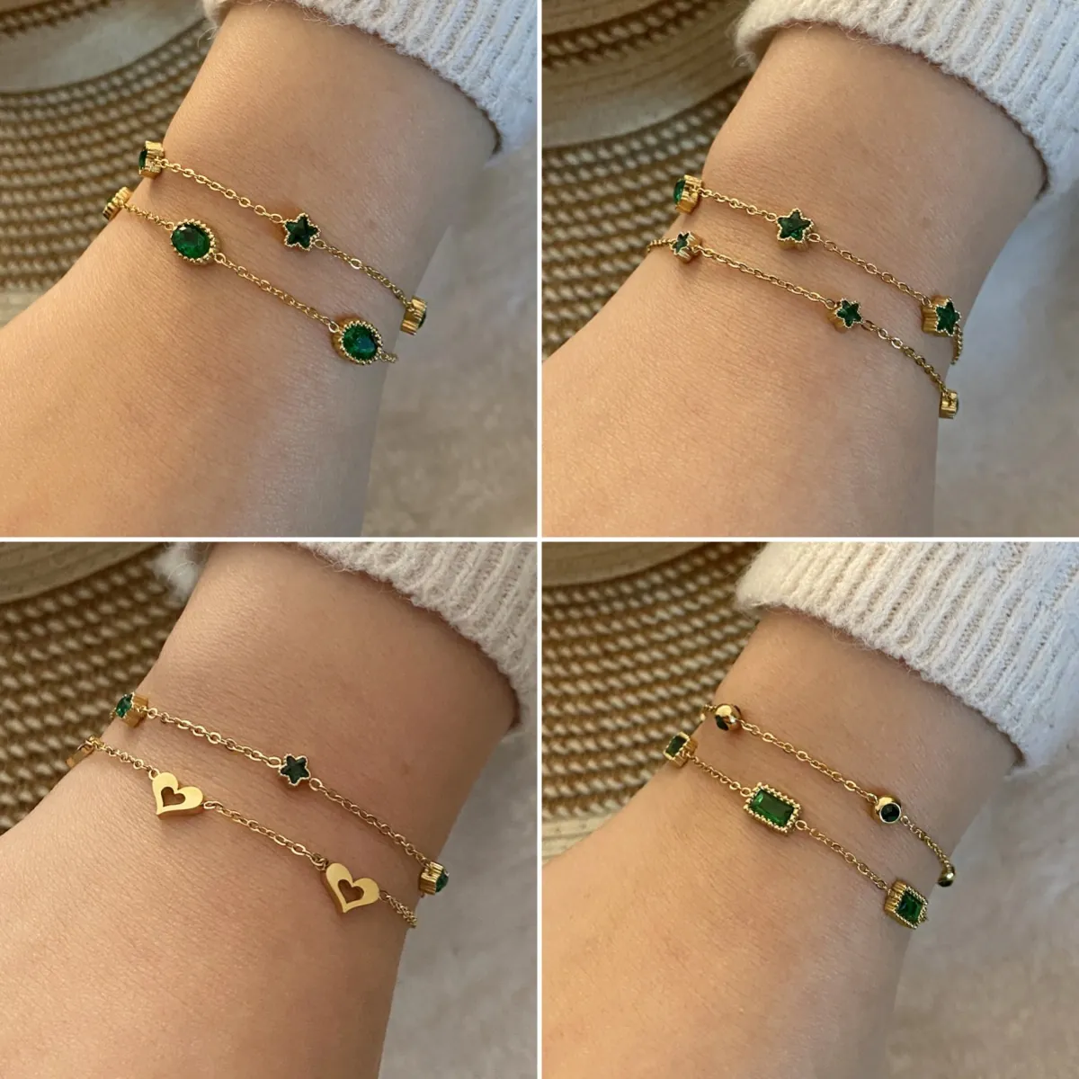 Bracelet Multicouche Étoile Cœur En Verre Vert Émeraude Vintage Acier Inoxydable Bijoux Élégants Pour Femmes