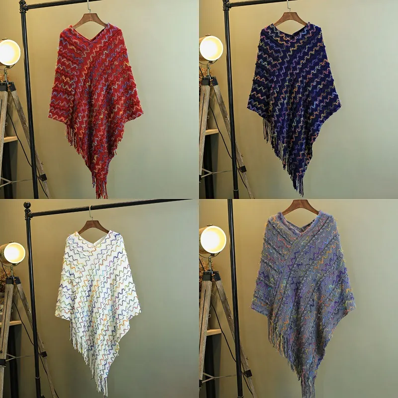 Poncho En Tricot Pour Femme Châle Ethnique Motif À Vagues Colorées Cape À Franges Doux Chaud Style Bohème
