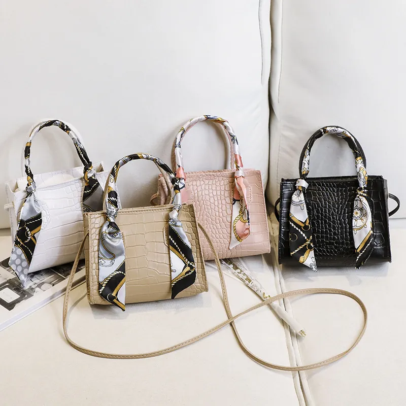 Sac à Main pour Femmes en Cuir PU à Motif Crocodile Avec Poignée en Foulard de Soie Petit Sac à Épaule Bandoulière pour les Déplacements Quotidiens