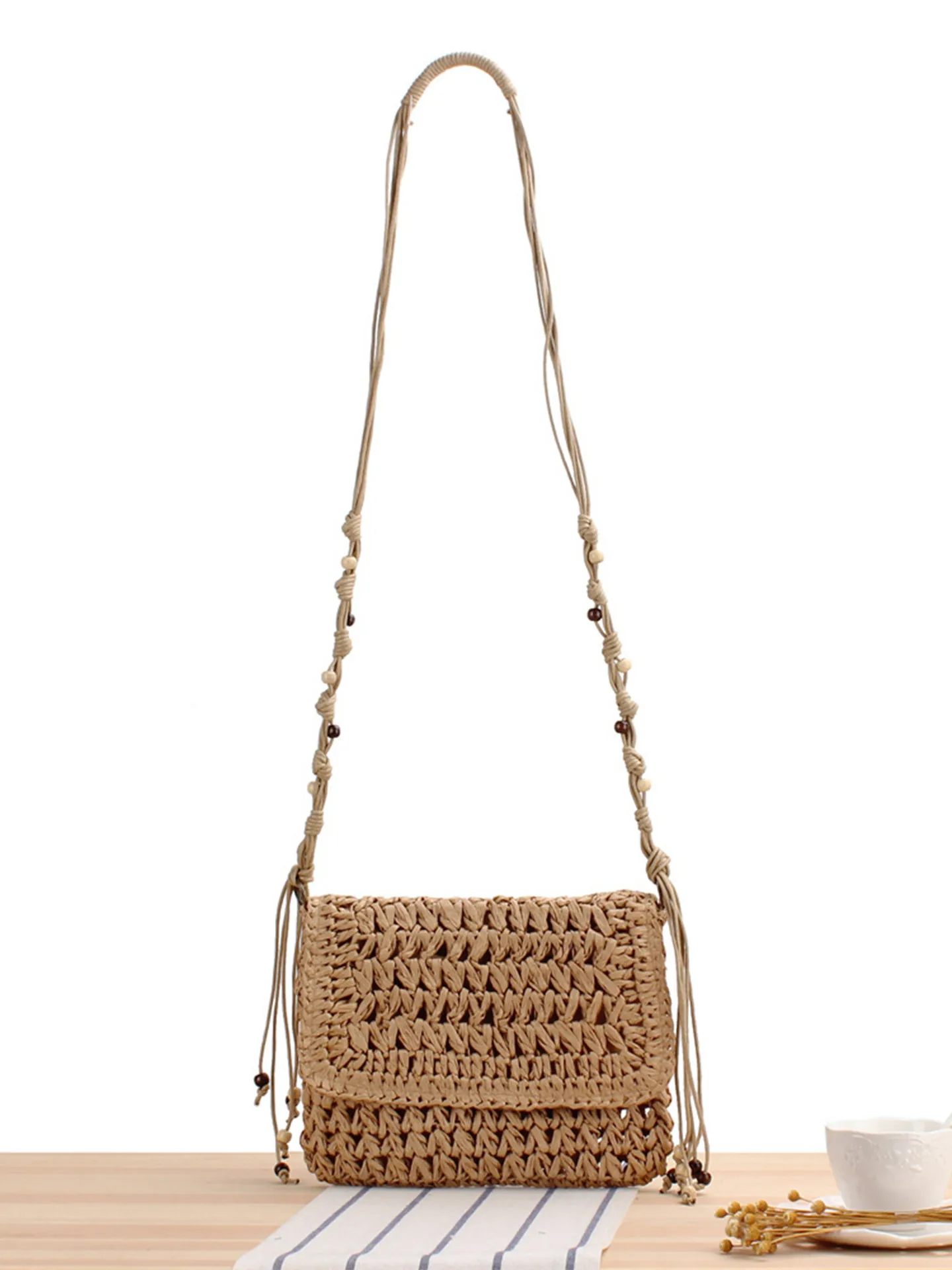 Woven Crossbody Bag Paper String Wood Bead Strap Tassel Boho Beach Vacation Casual Vintage Women Small Handbag