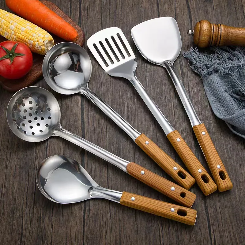 Stainless Steel Kitchen Utensils With Wood Handle Heat Resistant Cooking Spatula Soup Ladle Skimmer Rice Spoon