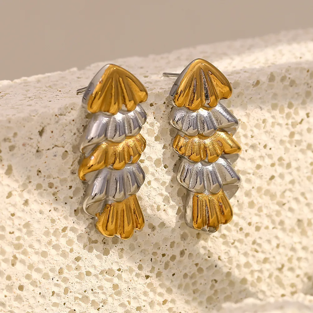 Layered Leaf Stud Earrings Two-Tone 18K Gold Plated Stainless Steel Christmas Tree Shape Geometric Elegant Jewelry