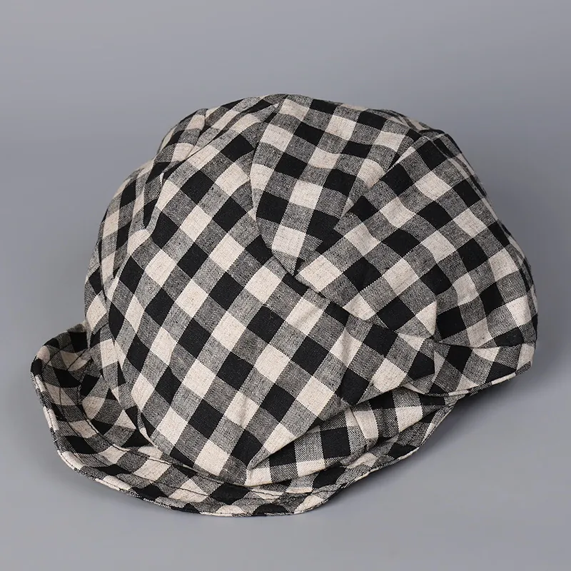 Retro Checked Newsboy Cap Women Lyocell Linen Blend Breathable Plaid Beret Hat With Memory Wire Brim Foldable Adjustable