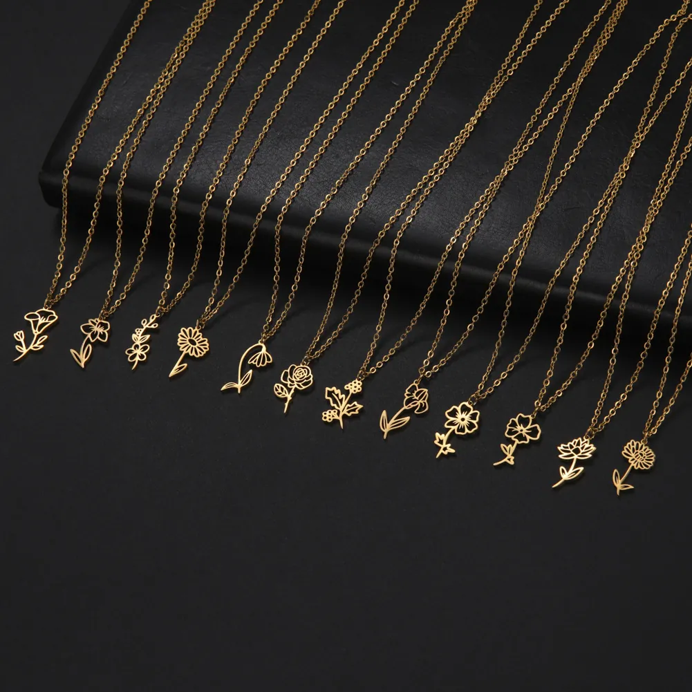 Collana Fiore di Nascita Acciaio Inossidabile 12 Mesi Pendente Floreale Oro Argento Galvanico Regalo di Compleanno Donna Gioielli
