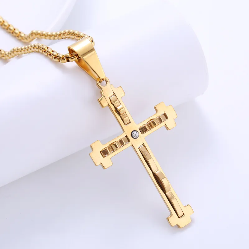 Hip Hop Cross Pendant Necklace 316L Stainless Steel Rhinestone Inlaid Box Chain Religious Street Style Unisex