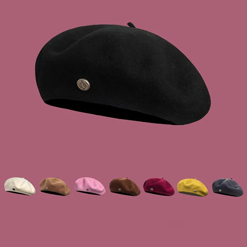 French Retro Wool Beret Hat for Women Winter Warm Solid Color Artist Painter Hat with Metal Buckle Elegant Fashion Headwear