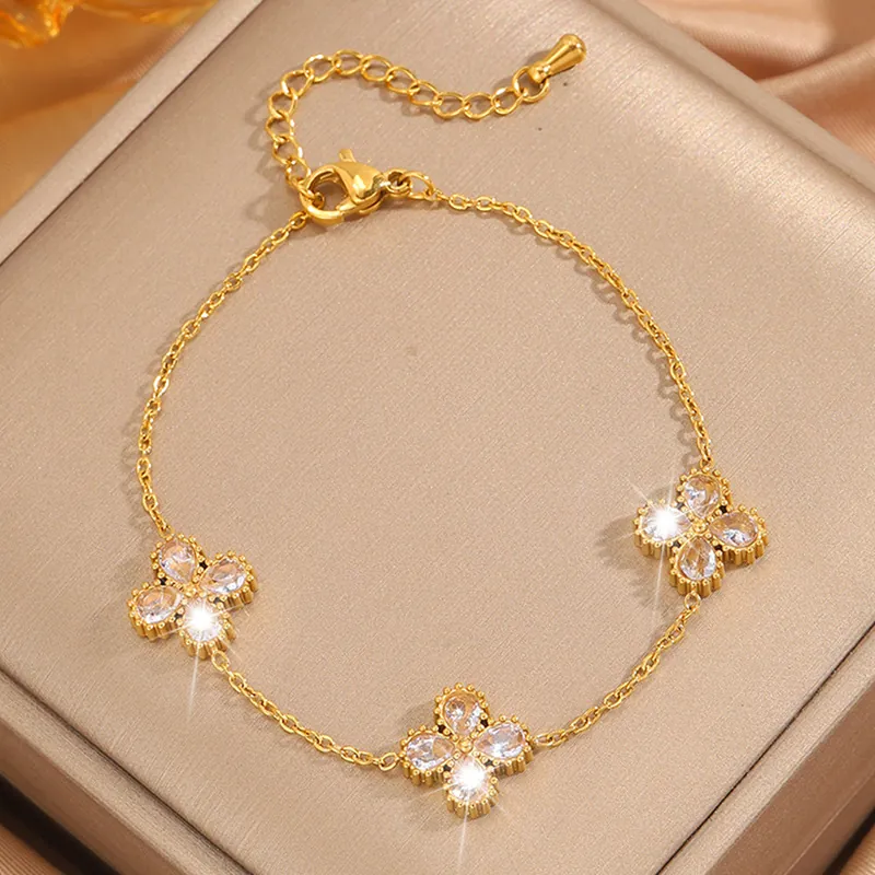 Four Leaf Clover Bracelet Stainless Steel Inlaid Pear Shaped Cubic Zirconia Adjustable Fashion Jewelry Gift Women