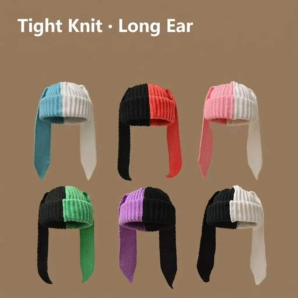 Rabbit Ear Knitted Beanie Hat Long Ears Color Block Contrast Acrylic Winter Warm Cute Fashion For Women