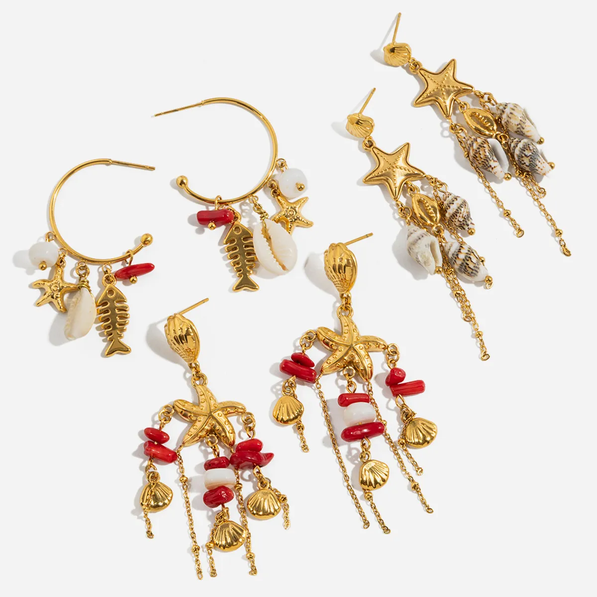 Boucles d'Oreilles Bohème Acier Inoxydable Océan Étoile de Mer Coquillage Gland Plaqué Or Bijoux pour Femme Été