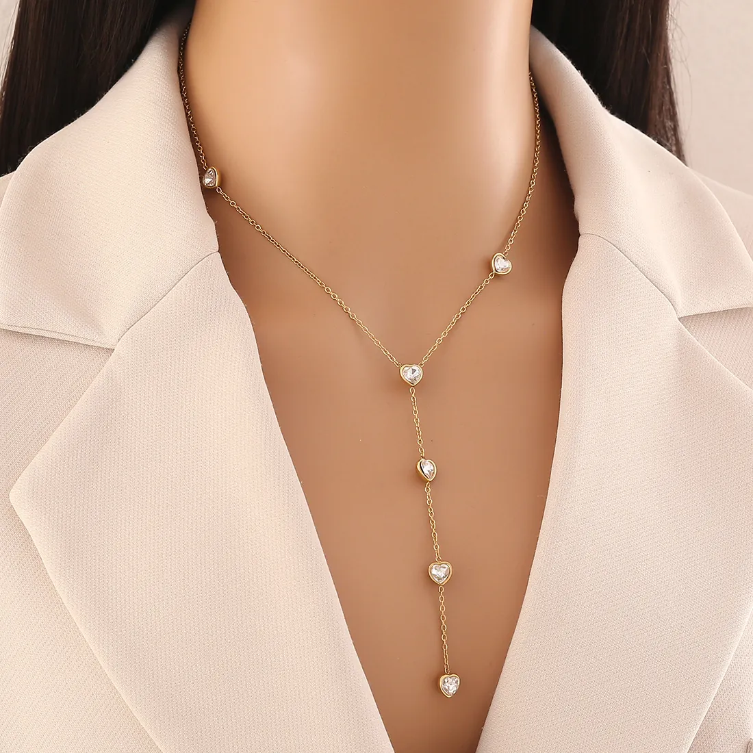 Heart Pendant Y Necklace Stainless Steel Glass Elegant Clavicle Chain Jewelry For Women Fashion Anniversary Valentine Gift