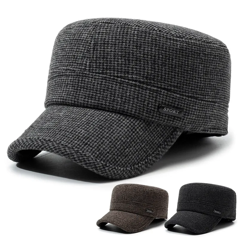 Men Flat Top Cap Cotton Woolen Warm Winter Military Hat Foldable Ear Protection Adjustable Sport Casual Cadet Hat