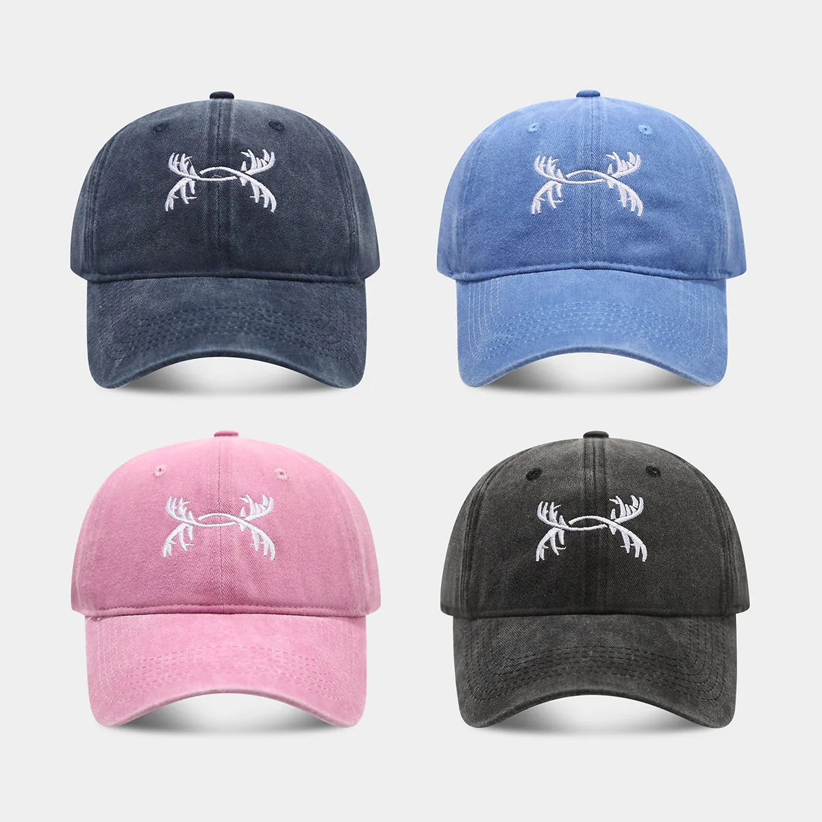 Antler Embroidery Washed Cotton Baseball Cap Adjustable Retro Distressed Dad Hat For Men Women