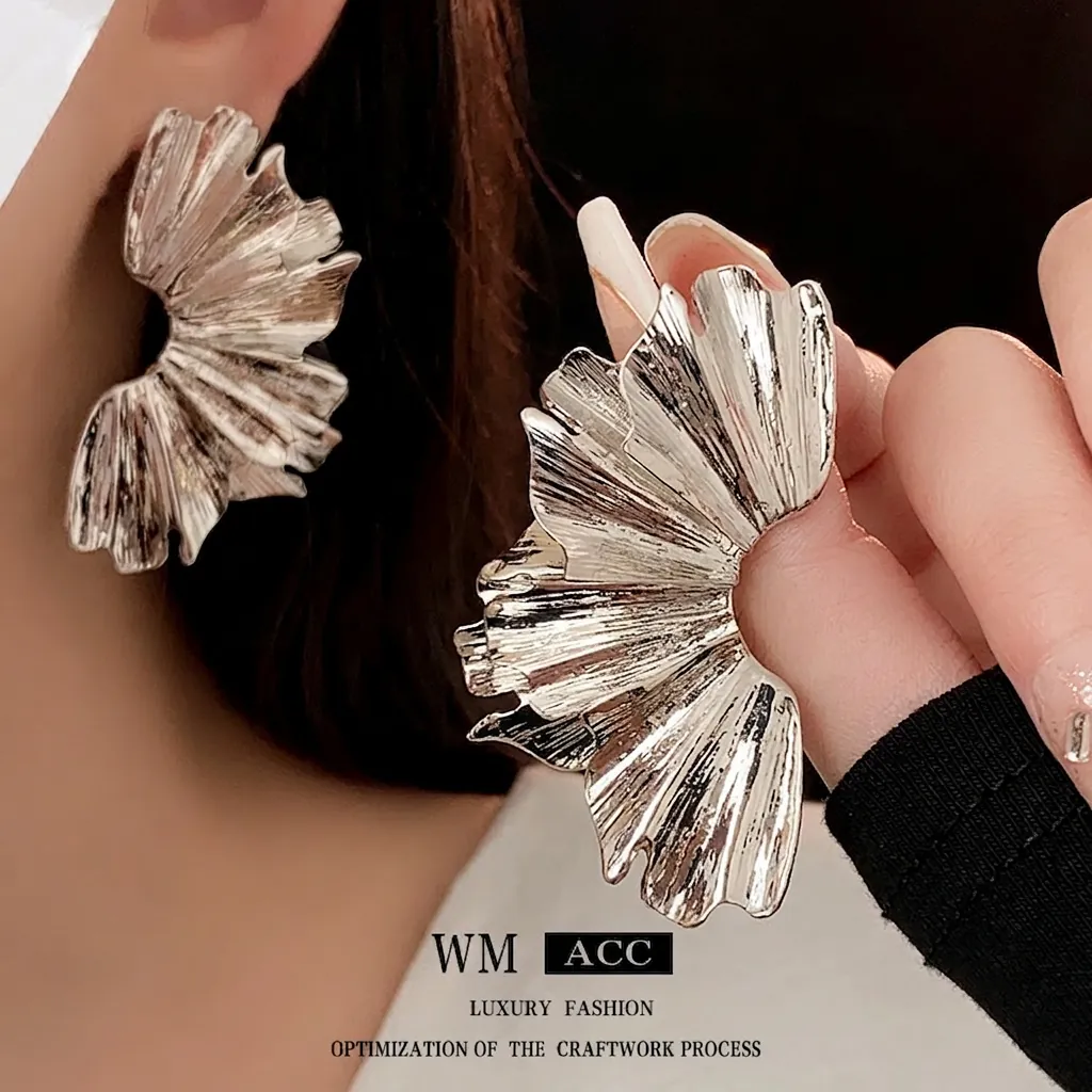 Large Artistic Fan Shaped Earrings Alloy Pleated Metal Leaf Flower Design With Silver Earring Post For Women