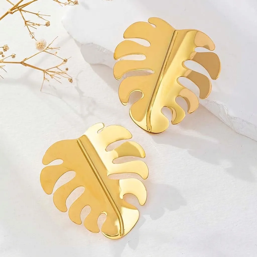 Monstera Leaf Drop Earrings 18K Gold Plated Stainless Steel Tropical Plant Hollow Out Retro Statement Jewelry For Women