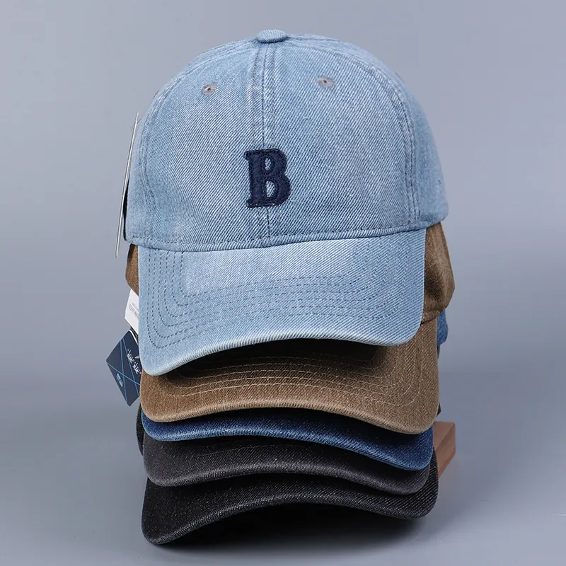 Retro Washed Denim Baseball Cap With Embroidered Letter B Adjustable Soft Top Sunshade Hat For Men And Women