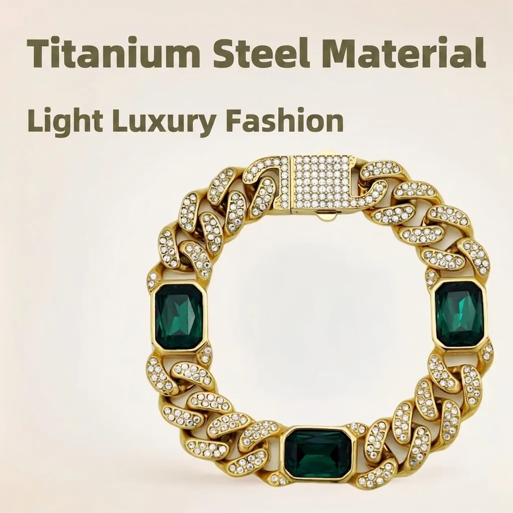 Bracciale Catena Cubana Acciaio Titanio Iced Out Strass Pietre Preziose Colorate Hip Hop Moda Gioielli Uomo Donna