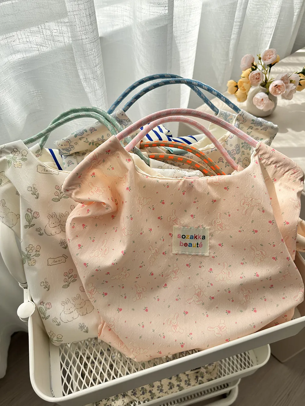 Women Canvas Tote Bag Cartoon Bear Rabbit Floral Print Large Capacity Handbag For Commuting Shopping Casual Korean Style