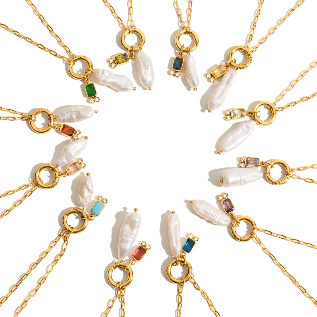 Vintage 18K Vergoldete Edelstahlkette Künstliche Barockperle Rechteck Zirkonia Geburtsstein Anhänger Schmuck Für Damen