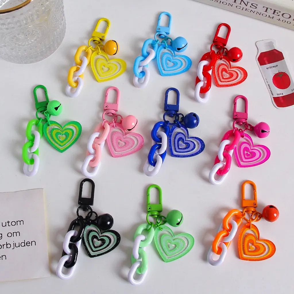 Heart Keychain Acrylic Double Layer Pendant With Glitter Plastic Chain Metal Bell Bag Charm Fashion Accessory For Women