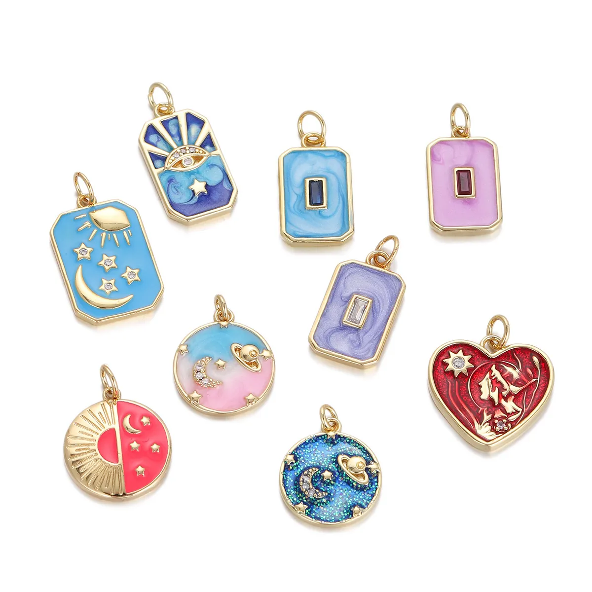 Starry Sky Enamel Heart Round Rectangular Pendant Necklace Copper Zircon Moon Star Sun Fashion Jewelry For Women